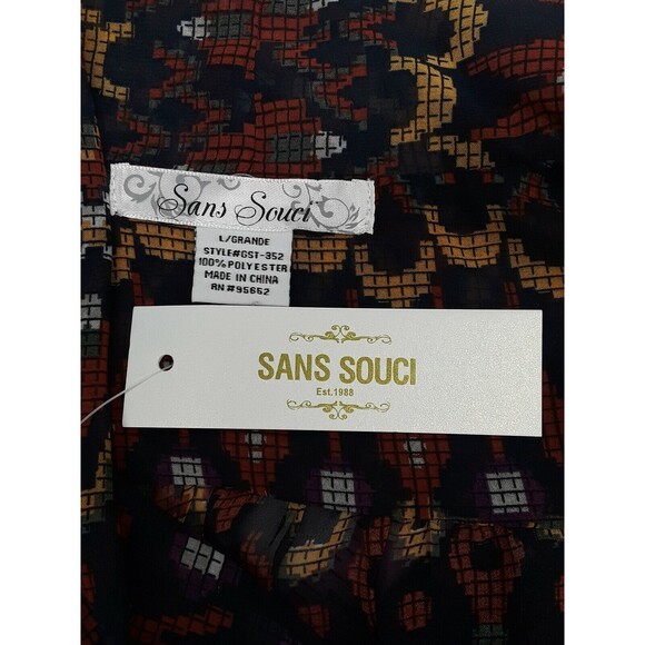 Sans Souci High Low Wrapped Sheer Top Blouse Geometric Red Blue L  New NWT - Picture 8 of 9